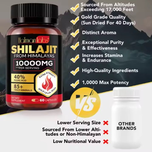 Shilajit - Pure Himalayan Resin Capsules for Men - 10,000 MG for Health and Vitality