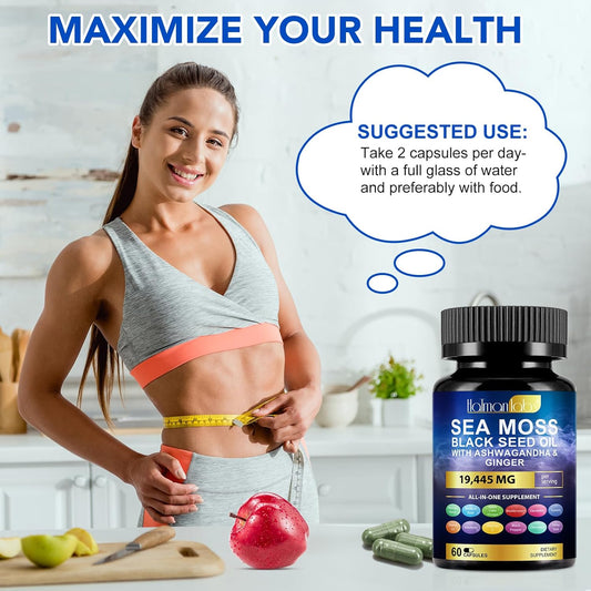 Seemoos-Komplex – 19.445 mg Seemoos-Kapseln mit Schwarzkümmelöl, Ashwagandha und Ingwer – 60 hochwirksame Kapseln für einen 30-Tage-Vorrat – Vegan und Halal
