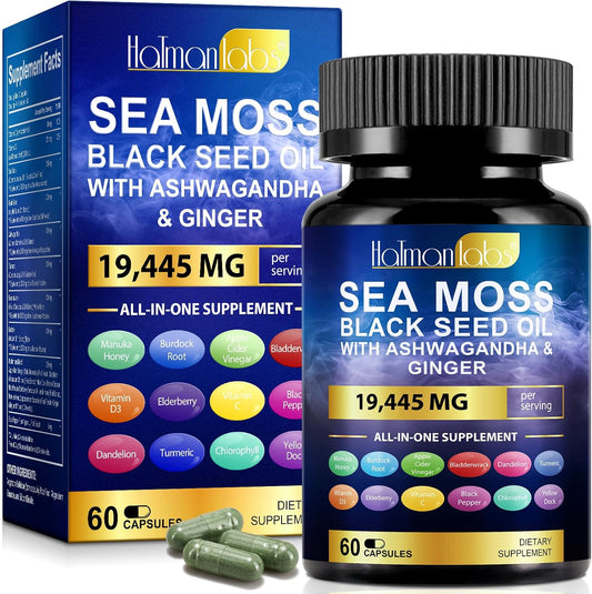 Seemoos-Komplex – 19.445 mg Seemoos-Kapseln mit Schwarzkümmelöl, Ashwagandha und Ingwer – 60 hochwirksame Kapseln für einen 30-Tage-Vorrat – Vegan und Halal